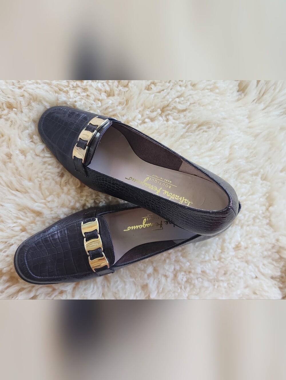 Salvatore Ferragamo Brown Croc-Embossed Leather Loafers with Gold Bit - Picture 5 of 7